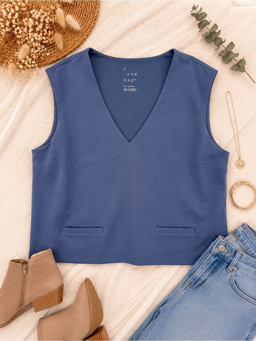 A New Day Blue Structured V-Neck Sleeveless Top XXL Career Chic